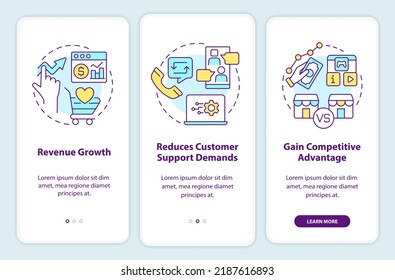 Customer engagement platform importance onboarding mobile app screen. Walkthrough 3 steps editable graphic instructions with linear concepts. UI, UX, GUI template. Myriad Pro-Bold, Regular fonts used