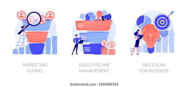 Customer engagement. Sales conversions and traffic increase strategies. Marketing funnel, sales pipeline management, sales plan for business metaphors. Vector isolated concept metaphor illustrations.