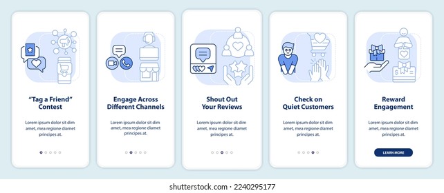 Estrategias de compromiso del cliente pantalla de aplicación móvil de inicio azul claro. Recorrido 5 pasos instrucciones gráficas editables con concepto lineal. UI, UX, plantilla GUI. Multitud de tipos de letra Pro-Bold, con uso regular
