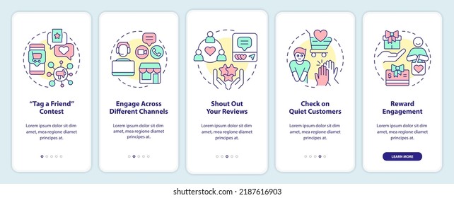 Customer engagement strategies onboarding mobile app screen. Walkthrough 5 steps editable graphic instructions with linear concepts. UI, UX, GUI template. Myriad Pro-Bold, Regular fonts used