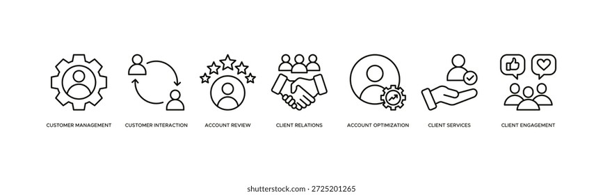 Customer Engagement Strategy and Client Account Optimization Banner Illustration, Featuring Client Engagement, Customer Interaction, Account Review, Client Relations, Customer Management, Account Optimization, and Client Services