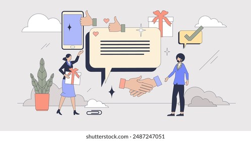 Customer engagement strategy for e-commerce tiny person neubrutalism concept. Business marketing methods for customer satisfaction and loyalty vector illustration. Website bonus system with rewards.