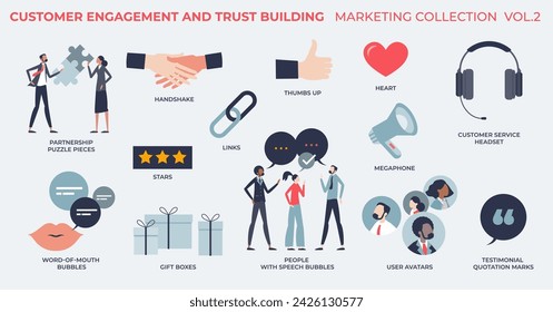 Customer engagement and trust building in tiny person marketing collection. Labeled elements with client satisfaction awareness, public relations, communication and partnership vector illustration.