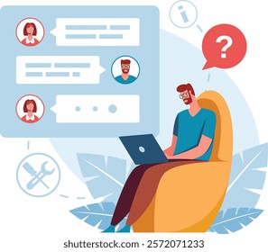 Customer engaging in online technical support, chatting with operators and asking questions while troubleshooting software or device issues. Seeking assistance for effective solutions