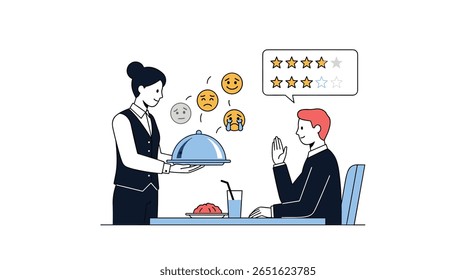 Customer enjoys a delicious meal served by a waiter while a star rating appears in the customer's thought bubble above his head