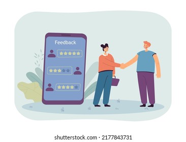 Customer and entrepreneur shaking hands flat vector illustration. Clients reviews on phone screen. Feedback, rating system, satisfaction concept for banner, website design or landing web page