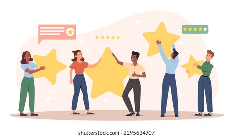 Concepto de evaluación del cliente. Hombres y mujeres con grandes estrellas. Comentarios, clasificación y clasificación. Usuarios felices y satisfechos, clientes sonrientes. Premio y recompensa. Dibujo vectorial plano de dibujos animados