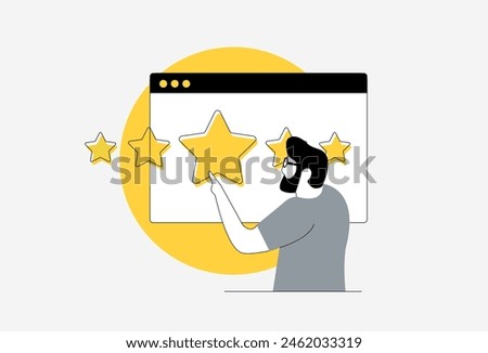 Customer evaluation and satisfaction feedback. Businessman giving 5-star review, positive ranking, performance rating, best quality result. Vector illustration for review concepts and customer service