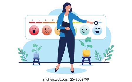 Customer evaluation - Woman in business looking at company ratings and feedback showing top rating and satisfied users and customers. Flat design vector illustration with white background