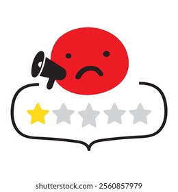 Customer experience. 1 star rating review. Unsatisfied client.  Hand drawn badge. Illustration on white background.