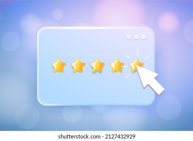 Customer Experience 3d concept. Giving Five Star Feedback review, satisfaction Rating. Vector illustration with 5 star rating and mouse cursor