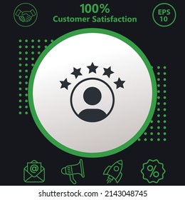 Experiencia del cliente o índice de satisfacción de 5 estrellas. Fondo de colores verde y negro. diseño moderno