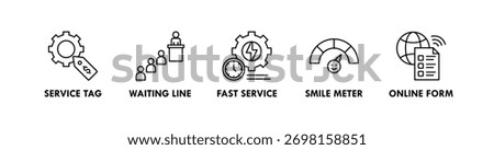Customer Experience banner web icon illustration concept with icon of service tag, waiting line, fast service, smile meter, and online form