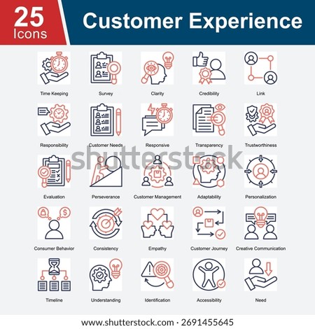 Customer Experience is a collection of icons representing service quality, customer interaction, responsiveness, personalization, and the overall journey to enhance customer satisfaction and business.