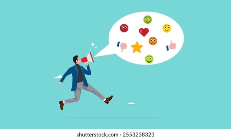 customer experience, comments regarding service or product quality, CX or UX user experience, customer feedback, man using megaphone giving experience rating with speech bubble and feedback icon