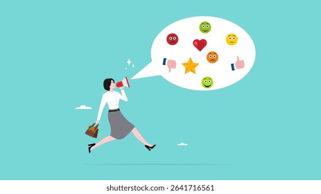 customer experience, comments regarding service or product quality, CX or UX user experience, customer feedback, woman using megaphone giving experience rating with speech bubble and feedback icon