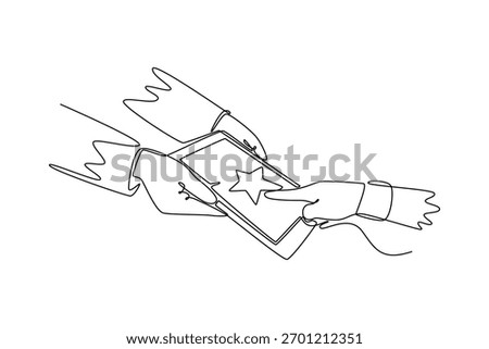 Customer Experience Concept. Digital Tablet for Online Satisfaction Survey. Product rating concept. Single line draw design. Vector graphic illustration