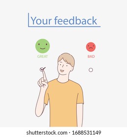 Concepto de la experiencia del cliente. Hombre feliz haciendo cosquillas en grandes ilustraciones de diseño vectorial de estilo sonriente.
