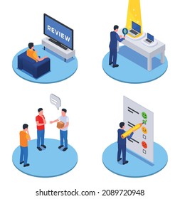 Customer experience concept isometric circular compositions with product promotion purchased goods review evaluation feedback software vector illustration
