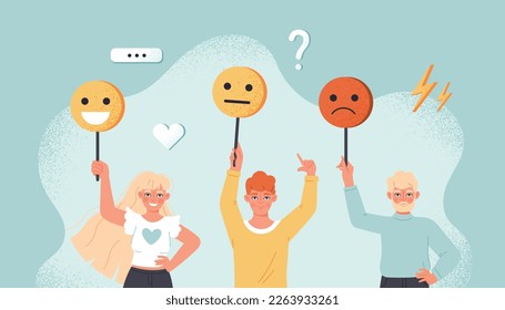 Customer experience concept. Men and woman with different emoticons. Ranking aand rating, review from users. Collection of information and marketing on Internet. Cartoon flat vector illustration