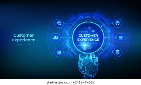 Customer Experience concept. Customer Satisfaction Survey. Service experience rating online application. Satisfaction feedback review. Wireframe hand touching digital interface. Vector illustration.