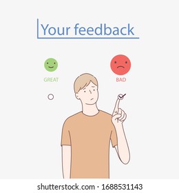 Customer Experience Concept.man ticking off on bad smiley Face.Hand drawn style vector design illustrations.