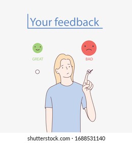 Customer Experience Concept.women ticking off on bad smiley Face.Hand drawn style vector design illustrations.