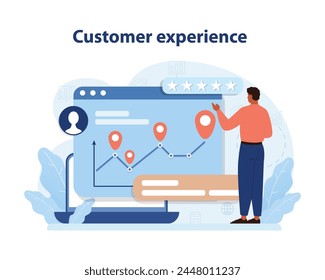 Customer Experience in Consumer Engagement. Illustration of a professional enhancing user journey maps to improve the overall customer experience.