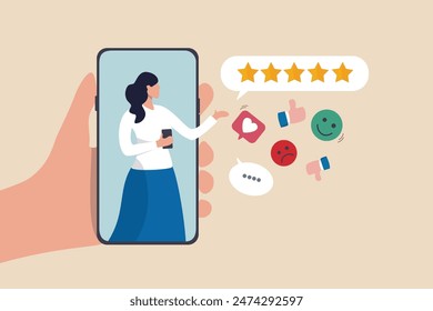 Customer experience, CX or UX user experience, feedback or comment, opinion on product and service, user satisfaction positive or negative feedback concept, woman on mobile giving experience rating.