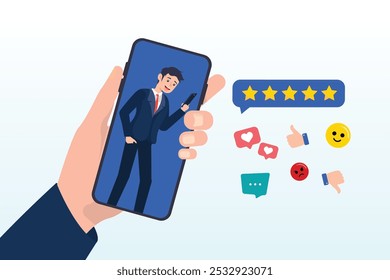 Customer experience, CX or UX user experience, feedback or comment, opinion on product and service, user satisfaction positive or negative feedback concept, man on mobile giving experience rating