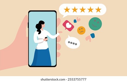 Customer experience, CX or UX user experience, feedback or comment, opinion on product and service, user satisfaction positive or negative feedback concept, woman on mobile giving experience rating.