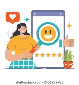 Customer Experience delight. Woman reviews stellar feedback. Satisfaction smiley, digital ratings. Seamless service, positive review, appreciation recognition. Flat vector illustration