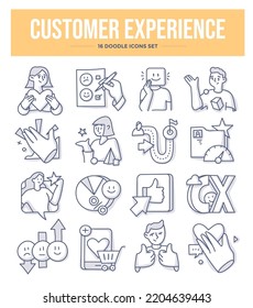 Customer experience doodle icons collection. Client loyalty, feedback and testimonials while interacting with business or brand. Reaction to a product or service. Marketing strategies and technologies