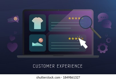 Customer Experience, feedback review, cx survey online marketing concept. Happy customer puts a 5-star rating for the service, online store and purchased goods. Modern Business Vector illustration.