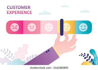 Customer experience. Giant hand moves slider on measurement scale. Positive feedback, online survey. Testimonials, high rank. Good quality product or service. Indicator shows level of satisfaction.