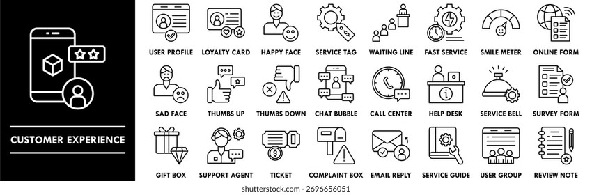 Conjunto de colección de íconos de Experiencia Cliente. Contiene revisión de diseño, Cliente, experiencia, Encuesta, en línea, Comentarios