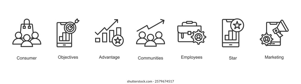 Customer Experience Icon Consumer, Objectives, Advantage, Communities, Employees, Star, Marketing