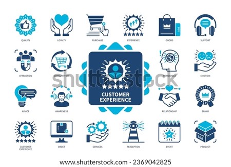 Customer Experience icon set. Product, Attraction, Awareness, Quality, Support, Advice, Loyalty, Relationship. Duotone color solid icons