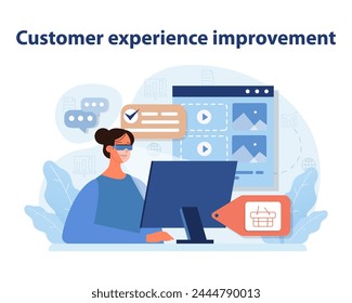 Customer Experience Improvement. A detailed portrayal of enhanced online customer service and interaction. Flat vector illustration.