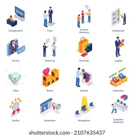 Experiencia del cliente conjunto isométrico con símbolo de calidad de reconocimiento del producto revisiones de compra estrategia de retención de usuarios ilustración vectorial aislada