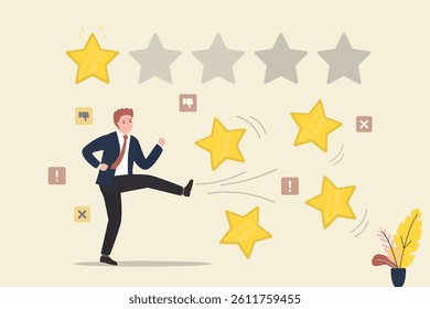 Customer experience negative review, angry man kick stars away. Online feedback reputation bad quality customer review concept, businessman giving one gold star rating. negative ranking vote. vector