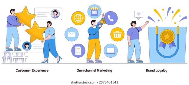 Customer experience, omnichannel marketing, brand loyalty concept with character. Customer journey abstract vector illustration set. Seamless interactions, personalized touchpoints, customer delight.