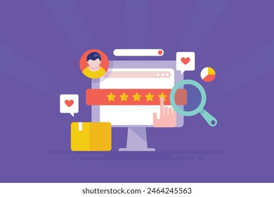 Customer experience on web, Website rating and review, Customer sharing product review, service review on search engine business listing - vector illustration with icons