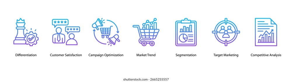 Ilustração vetorial do ícone de banner da Web para otimização da experiência do cliente apresentando diferenciação, satisfação do cliente, tendência do mercado, segmentação, marketing de destino e análise competitiva.