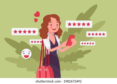 Customer experience positive review, rating to product, service or business. Woman, happy client, user giving five star opinion via smartphone app, nice report. Vector flat style cartoon illustration