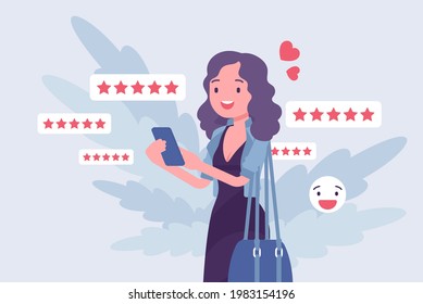 L'expérience du client est positive en termes d'évaluation, de notation par rapport au produit, au service ou à l'entreprise. Femme, cliente heureuse, utilisateur donnant une opinion cinq étoiles via l'application pour smartphone, joli rapport. Image vectorielle illustration dessinée à plat