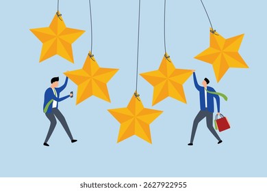 Customer experience rating, woman carrying shopping bag hanging from golden five stars with man using his mobile phone 
