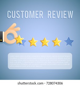 Customer experience review hand holding star template background cartoon business design concept vector illustration