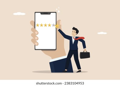 Customer experience or customer reviews by giving a 5 star rating, 5 star customer feedback, businessman giving a five star rating.