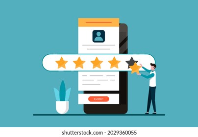 Customer experience and satisfaction concept. A man giving five stars for feedback illustration.